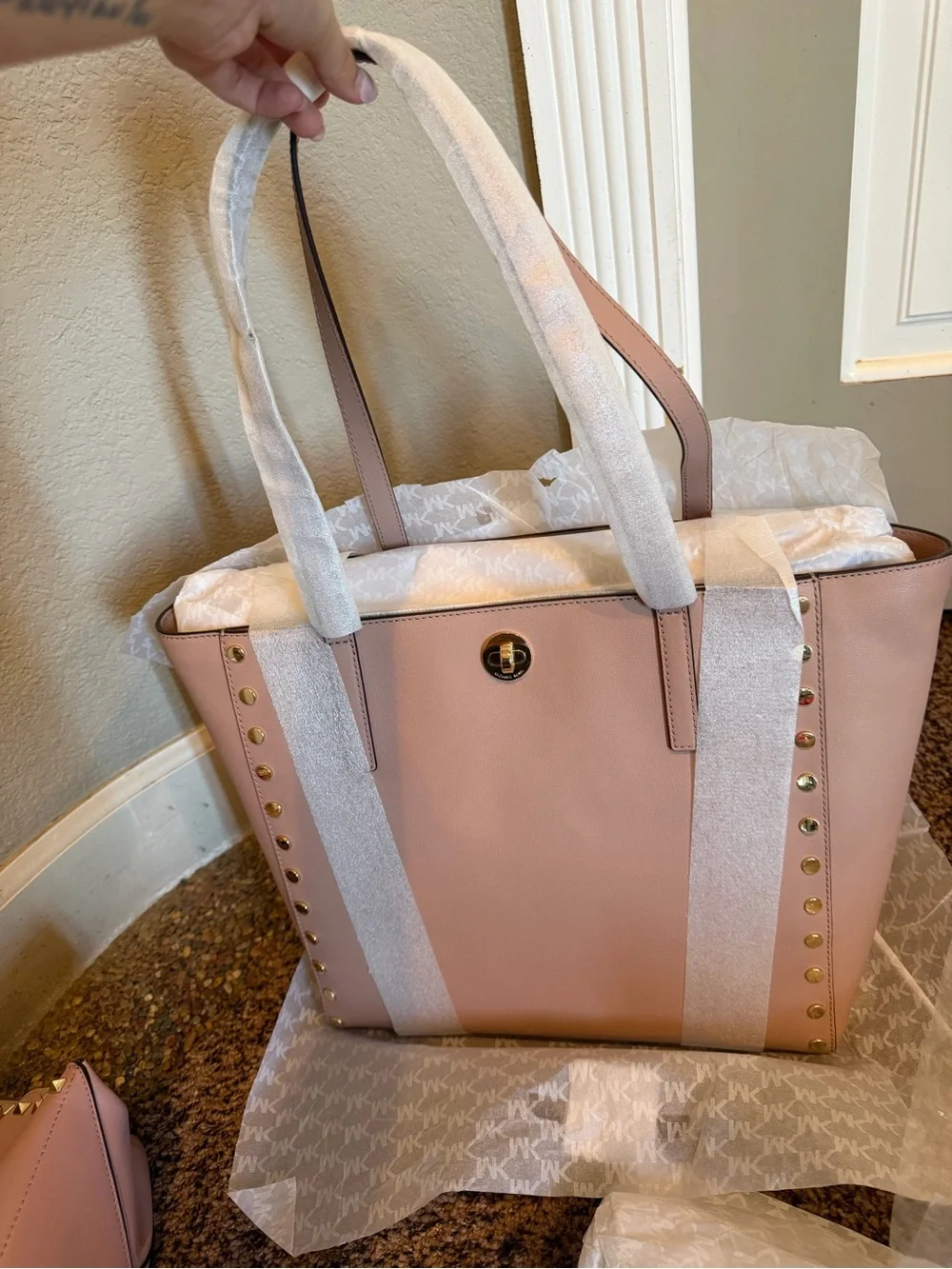 Michael Kors Pink Leather Tote Bag with gold studs